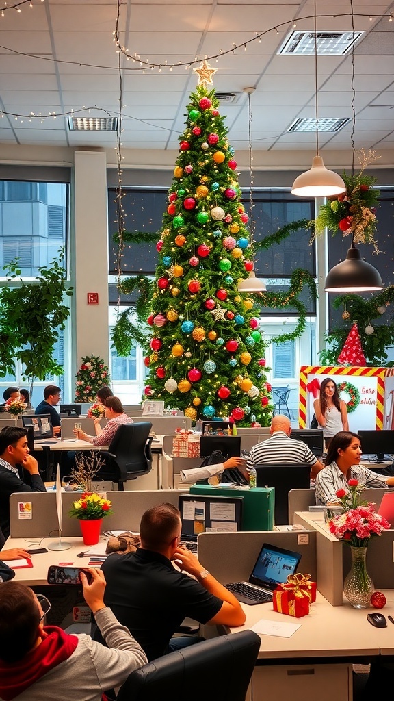 An office decorated for Christmas with a tree, string lights, and festive desk decor.